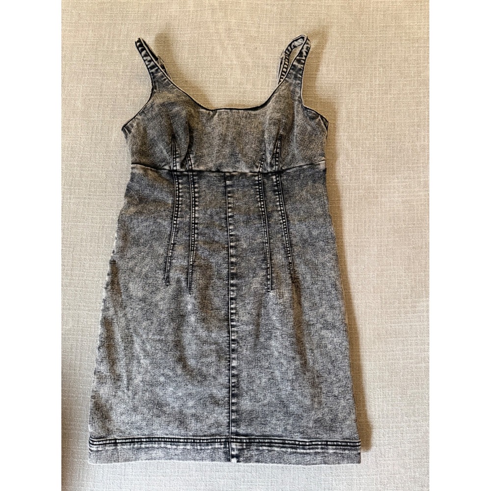 Y2K Style Acid Wash Grunge Denim Look Seamed‎ Bodycon Medium Gray Dress